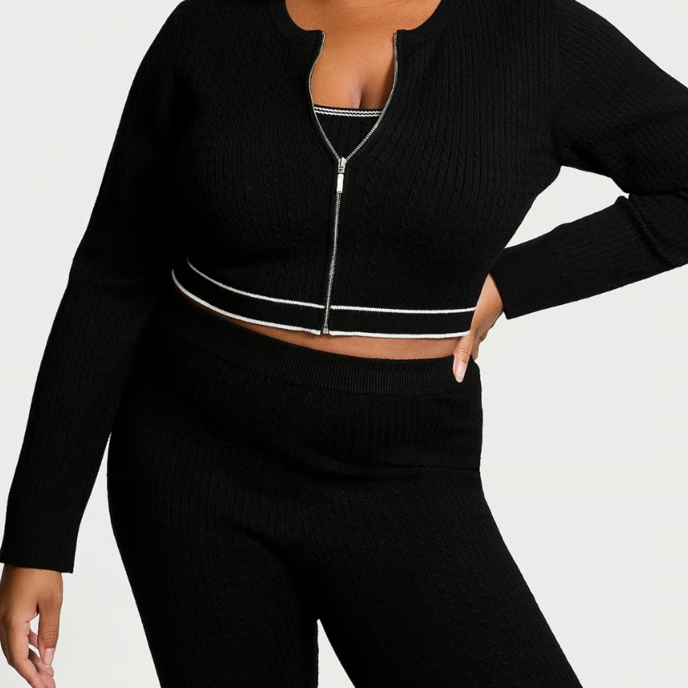 Black Ribbed Zip-Up Crop Top and Pants Set